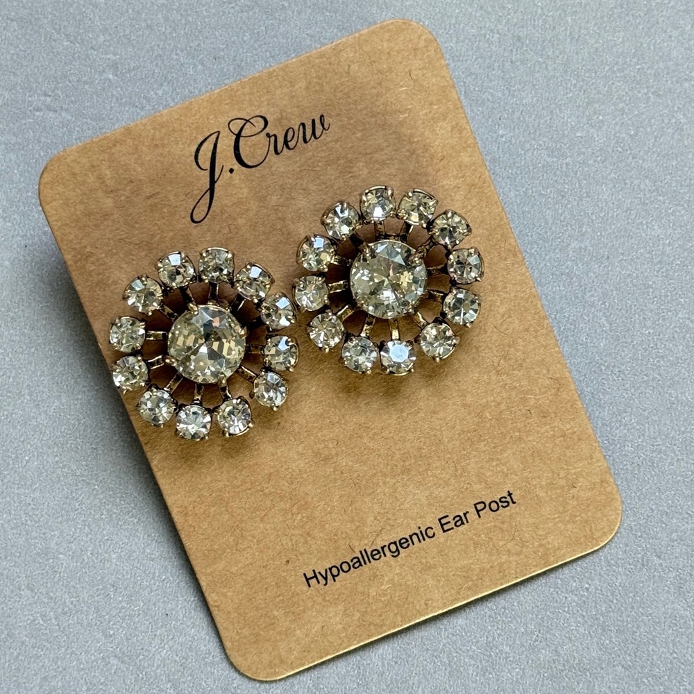 J. CREW Earrings Clear Crystal SNOW FLAKE Posts Statement Preppy A
